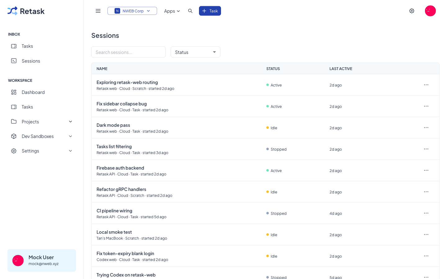 Retask sessions list